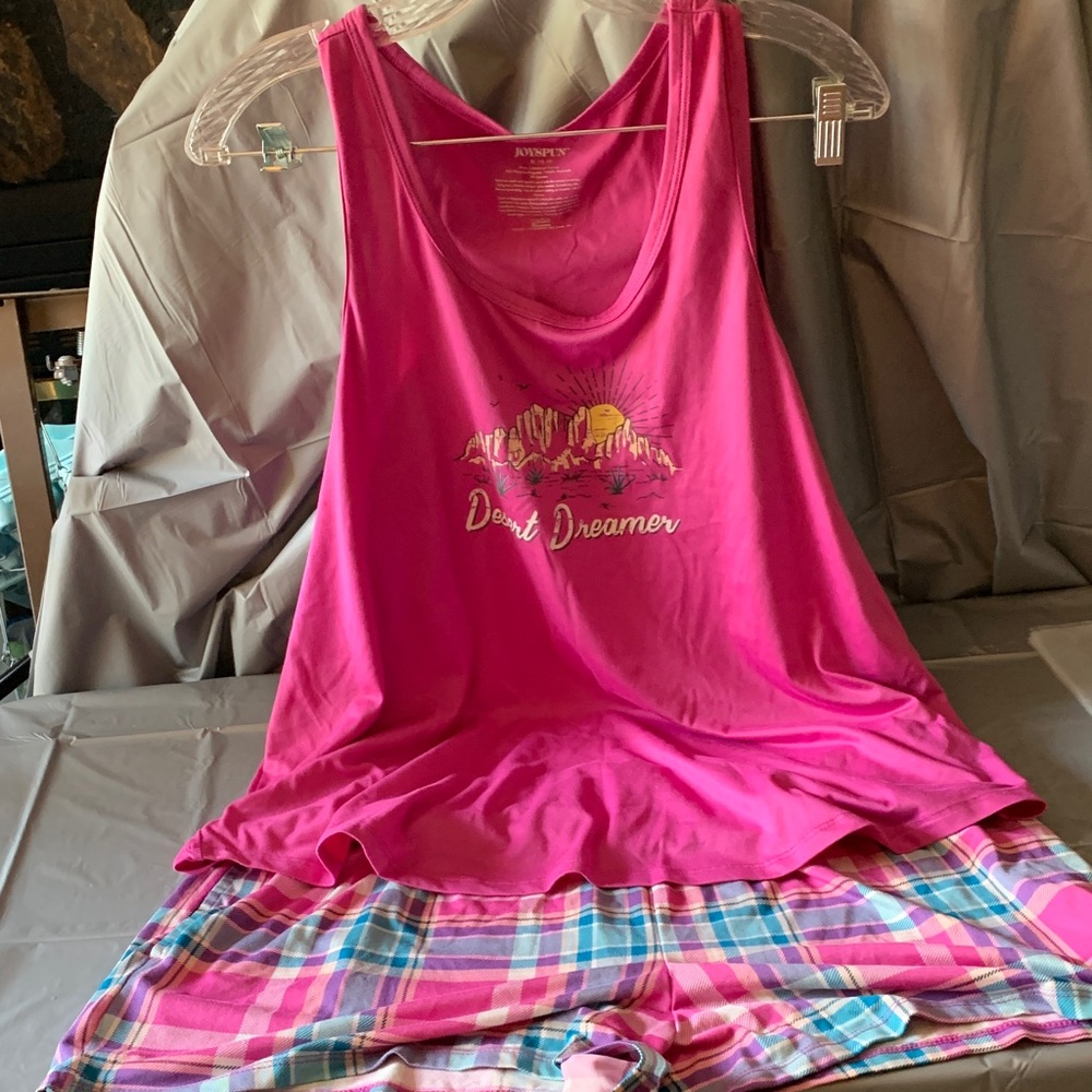 JoySpun Sleeveless Sleep Tank in Hot Pink with pastel checkered shorts.